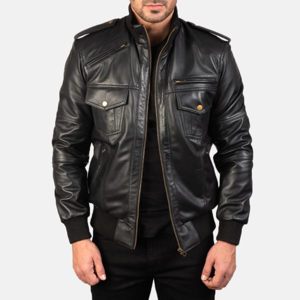 Men's Agent Shadow Black Leather Bomber Jacket