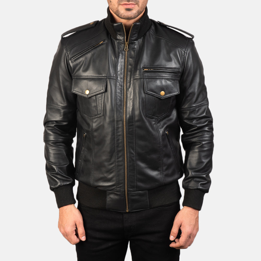 Men's Agent Shadow Black Leather Bomber Jacket