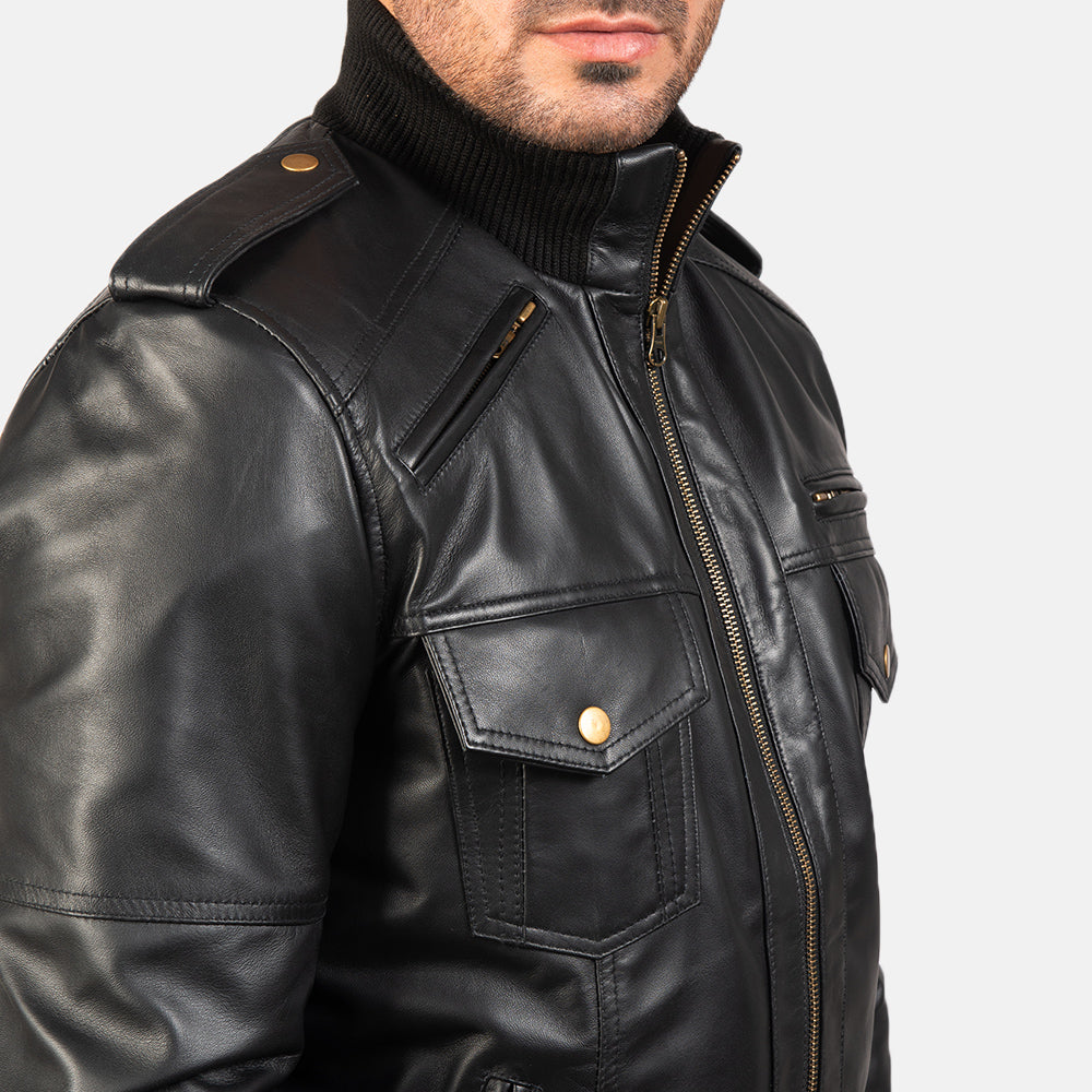 Men's Agent Shadow Black Leather Bomber Jacket