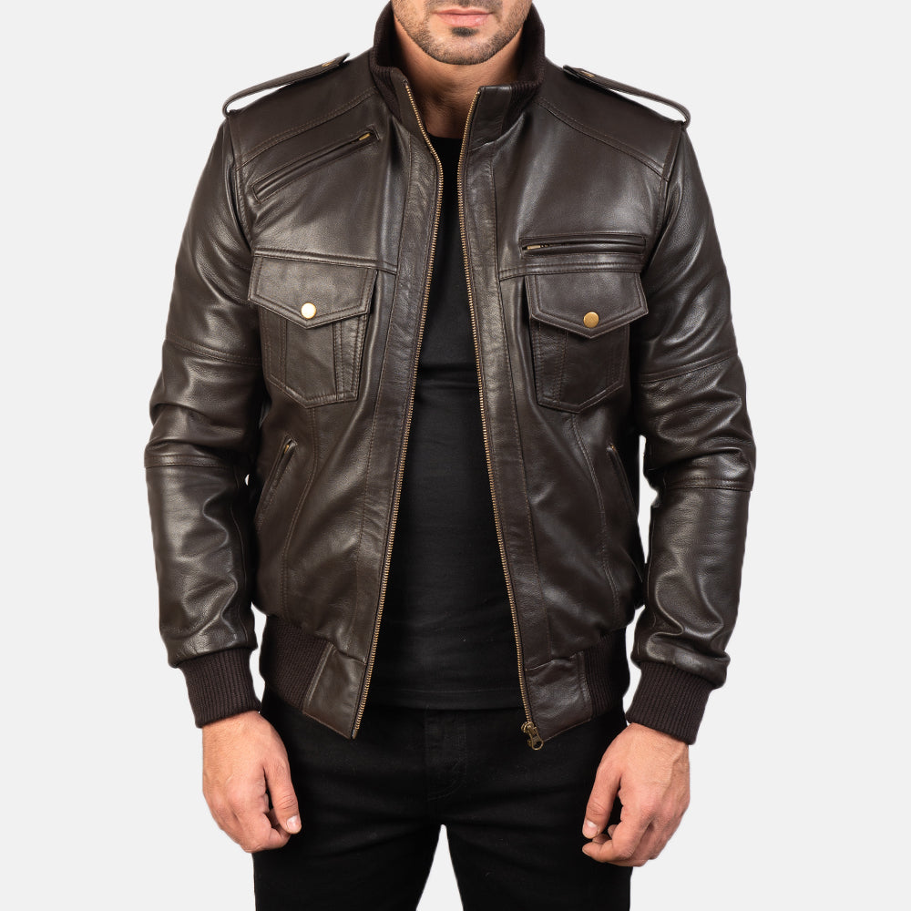 Men's Agent Shadow Brown Leather Bomber Jacket
