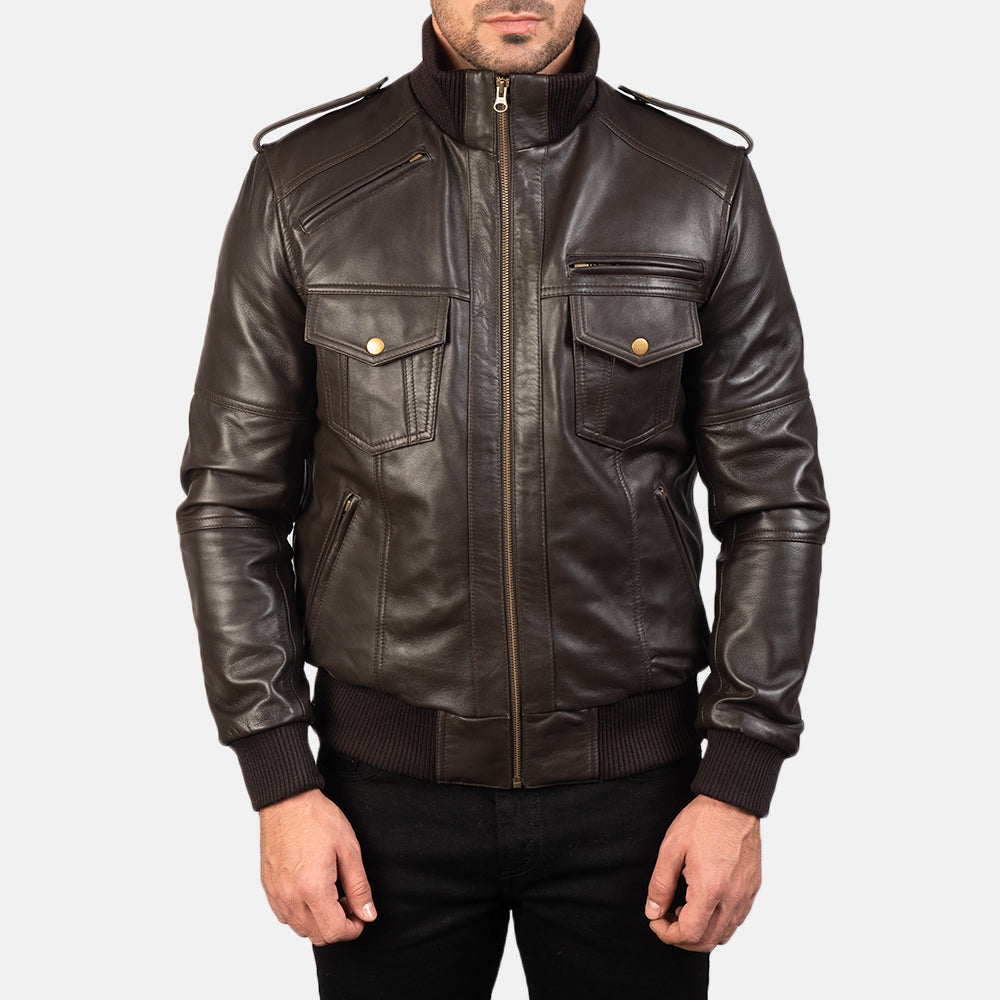 Men's Agent Shadow Brown Leather Bomber Jacket