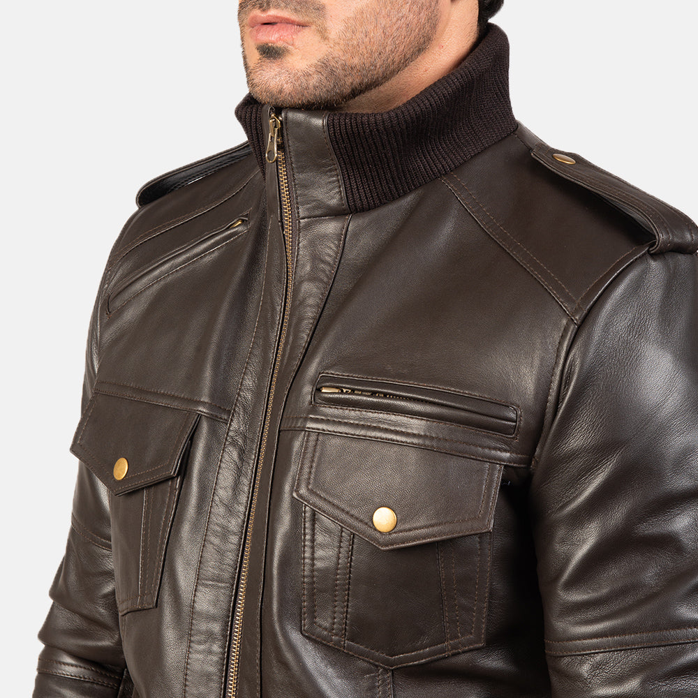 Men's Agent Shadow Brown Leather Bomber Jacket