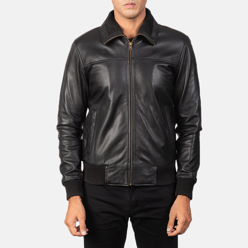 Men's Air Rolf Black Leather Bomber Jacket