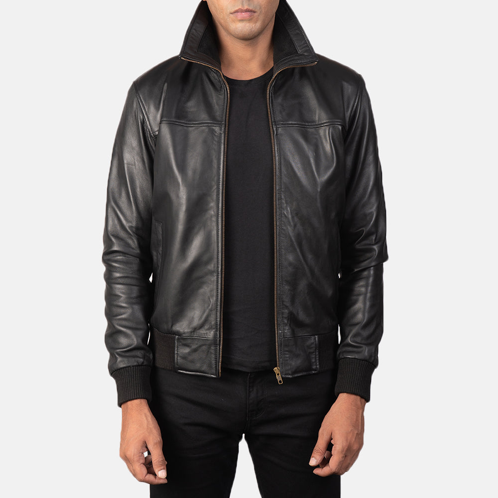 Men's Air Rolf Black Leather Bomber Jacket