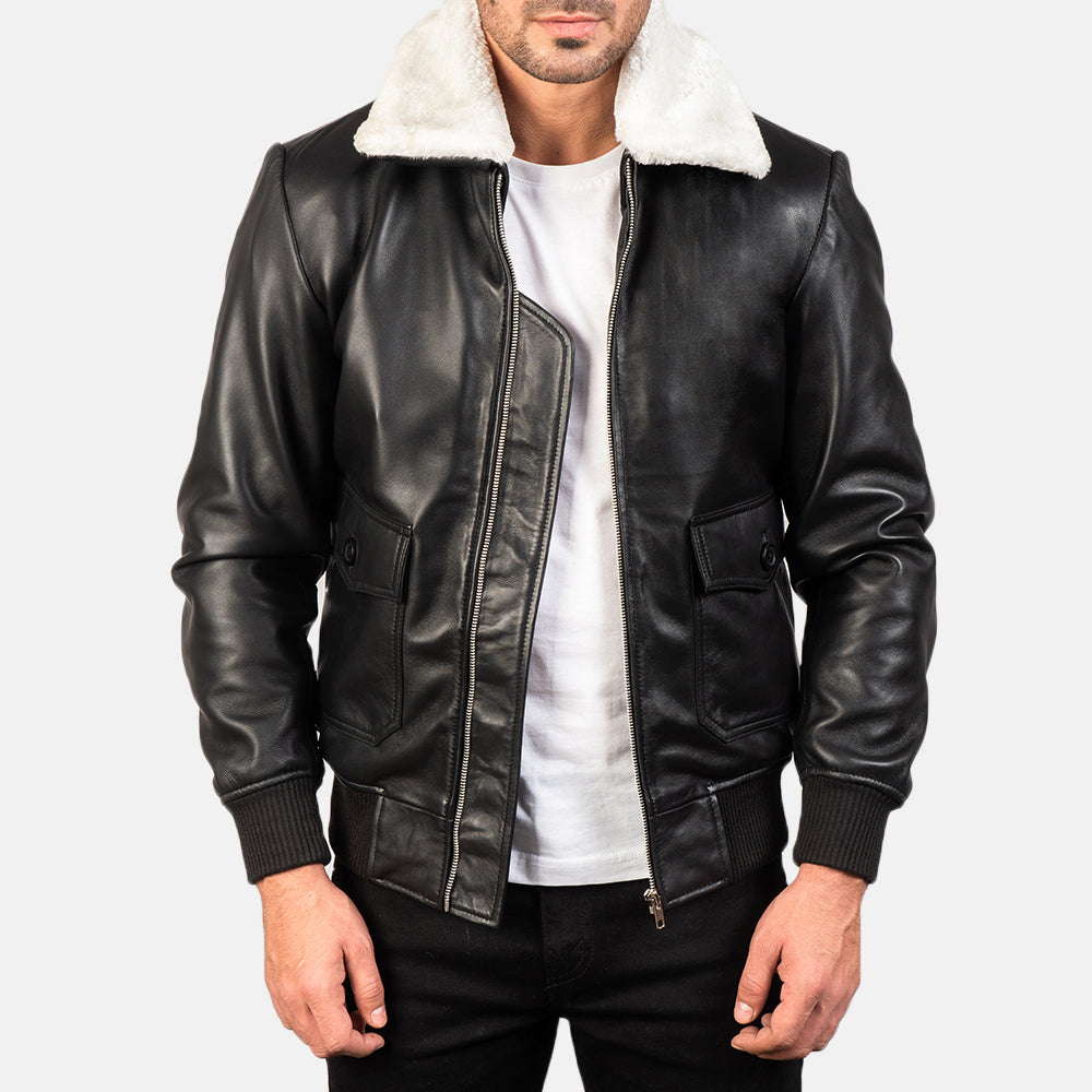 Men's Airin G-1 Black White Leather Bomber Jacket