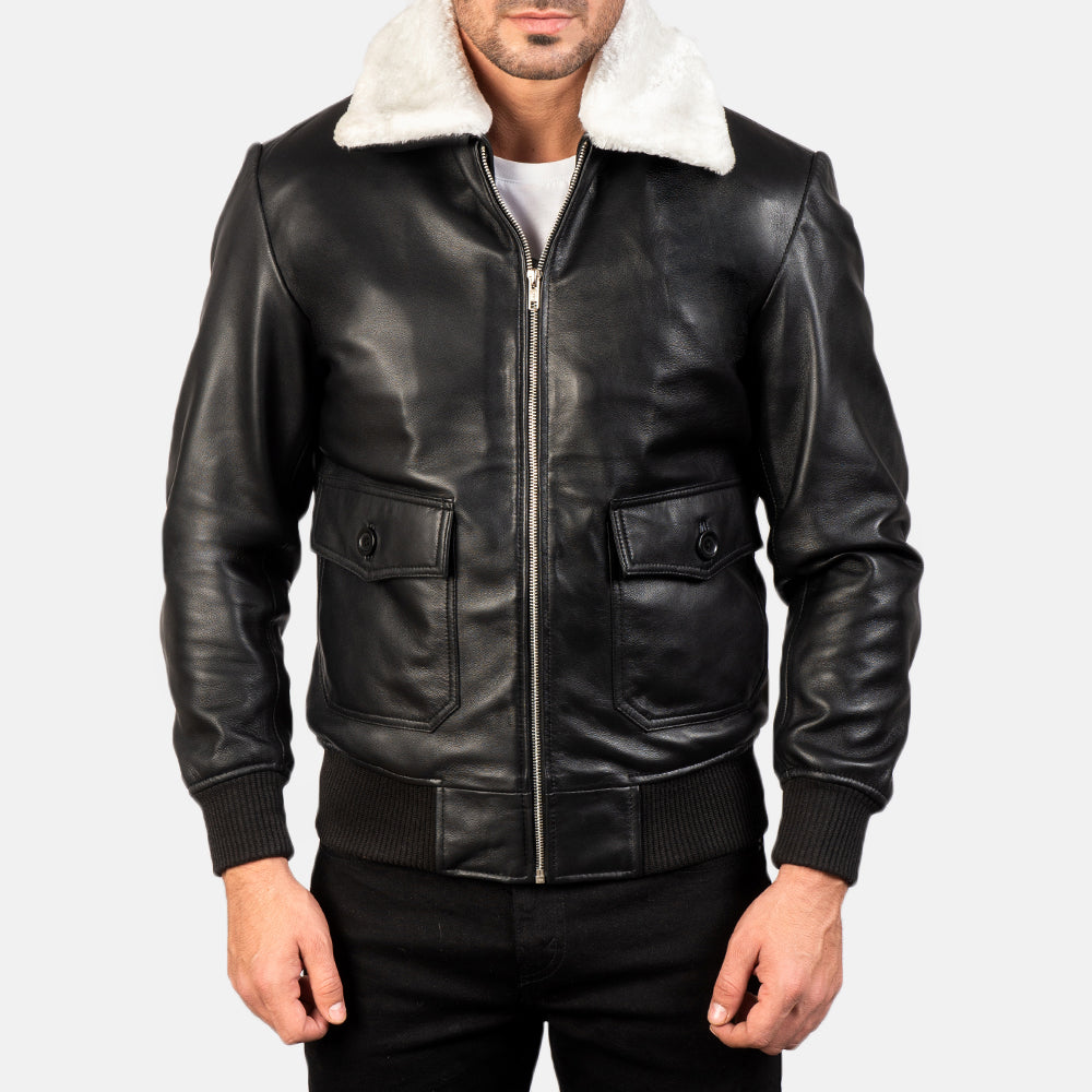 Men's Airin G-1 Black White Leather Bomber Jacket
