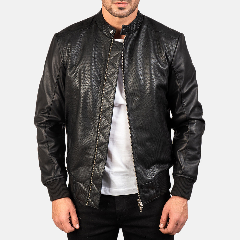 Men's Avan Black Leather Bomber Jacket