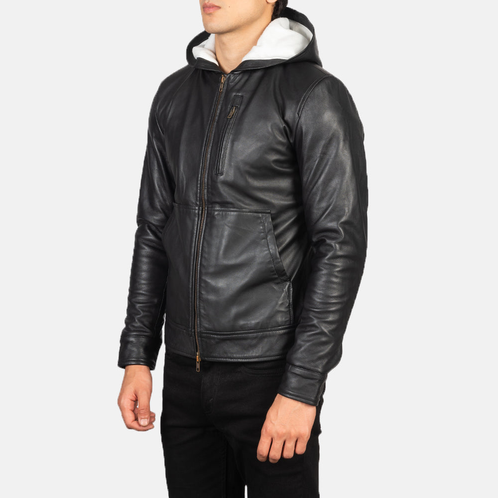 Men's Baston Black Hooded Leather Bomber Jacket