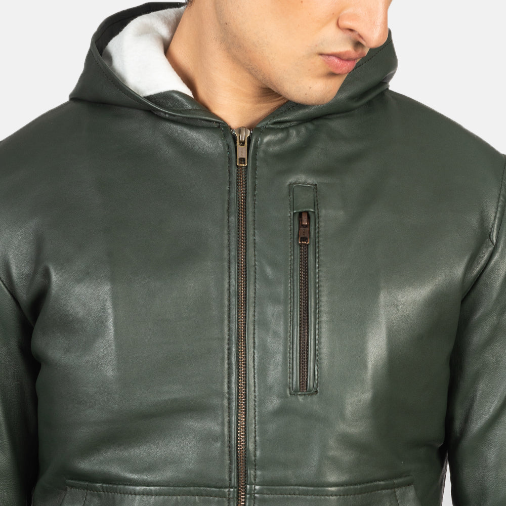 Men's Baston Green Hooded Leather Bomber Jacket