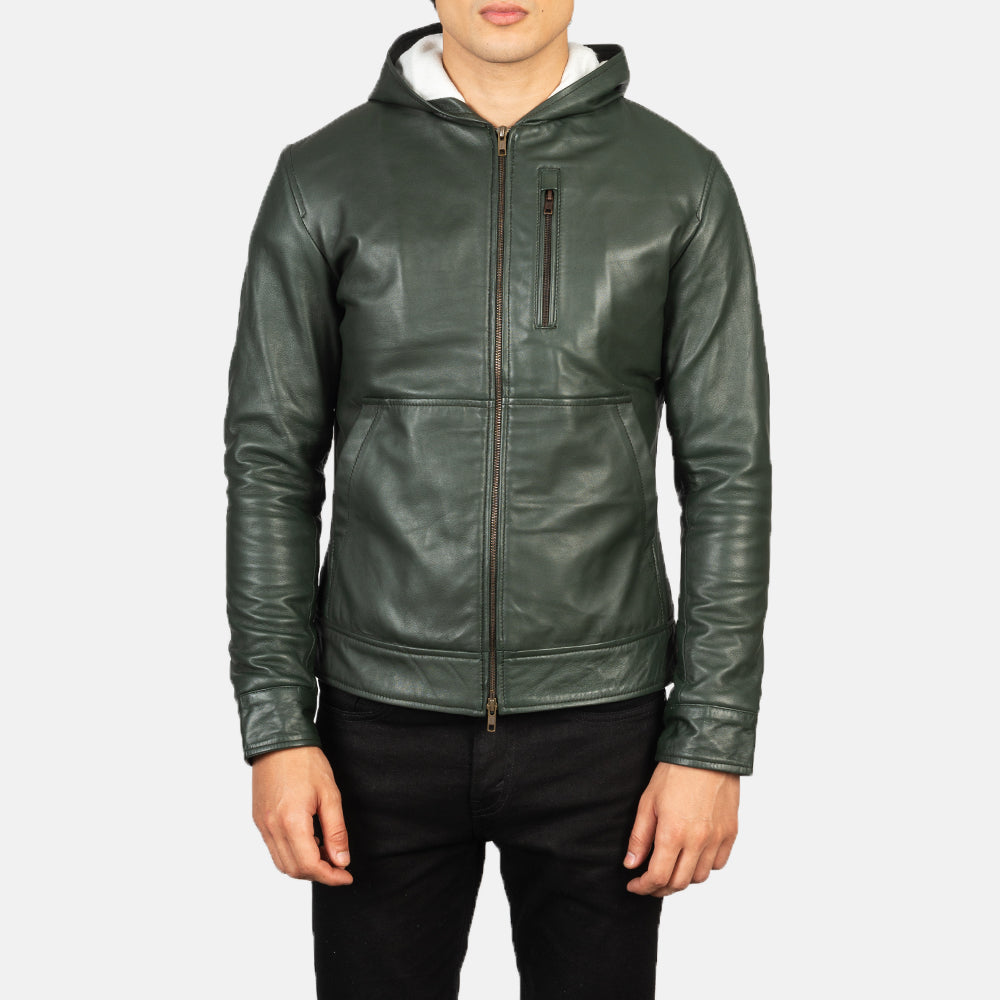 Men's Baston Green Hooded Leather Bomber Jacket