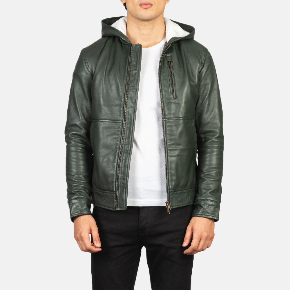 Men's Baston Green Hooded Leather Bomber Jacket