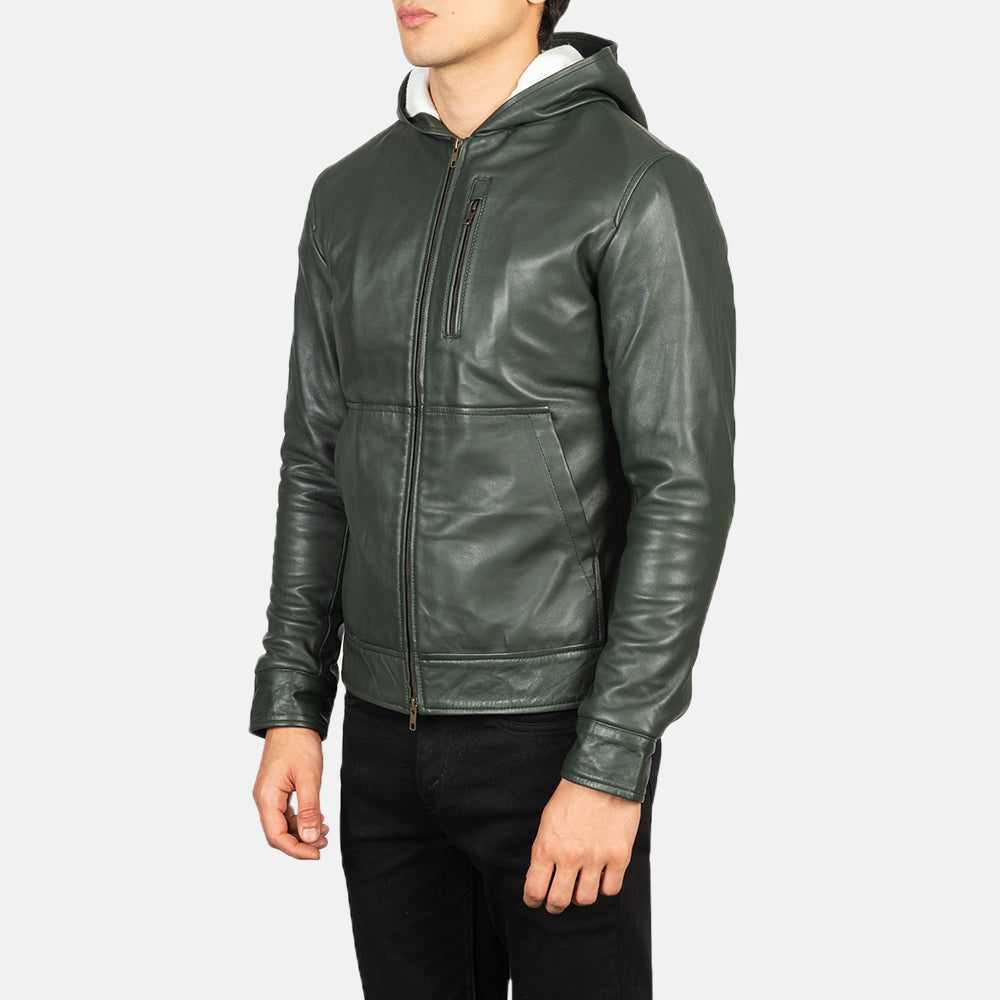 Men's Baston Green Hooded Leather Bomber Jacket