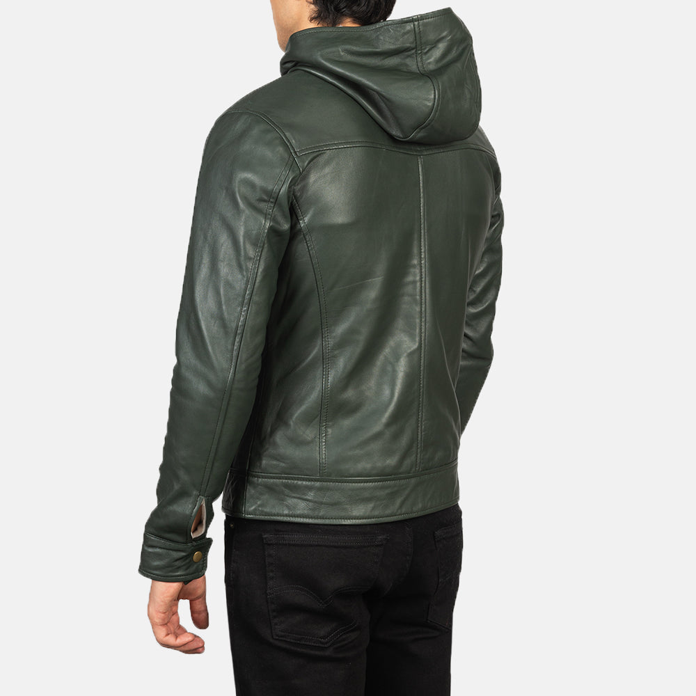 Men's Baston Green Hooded Leather Bomber Jacket
