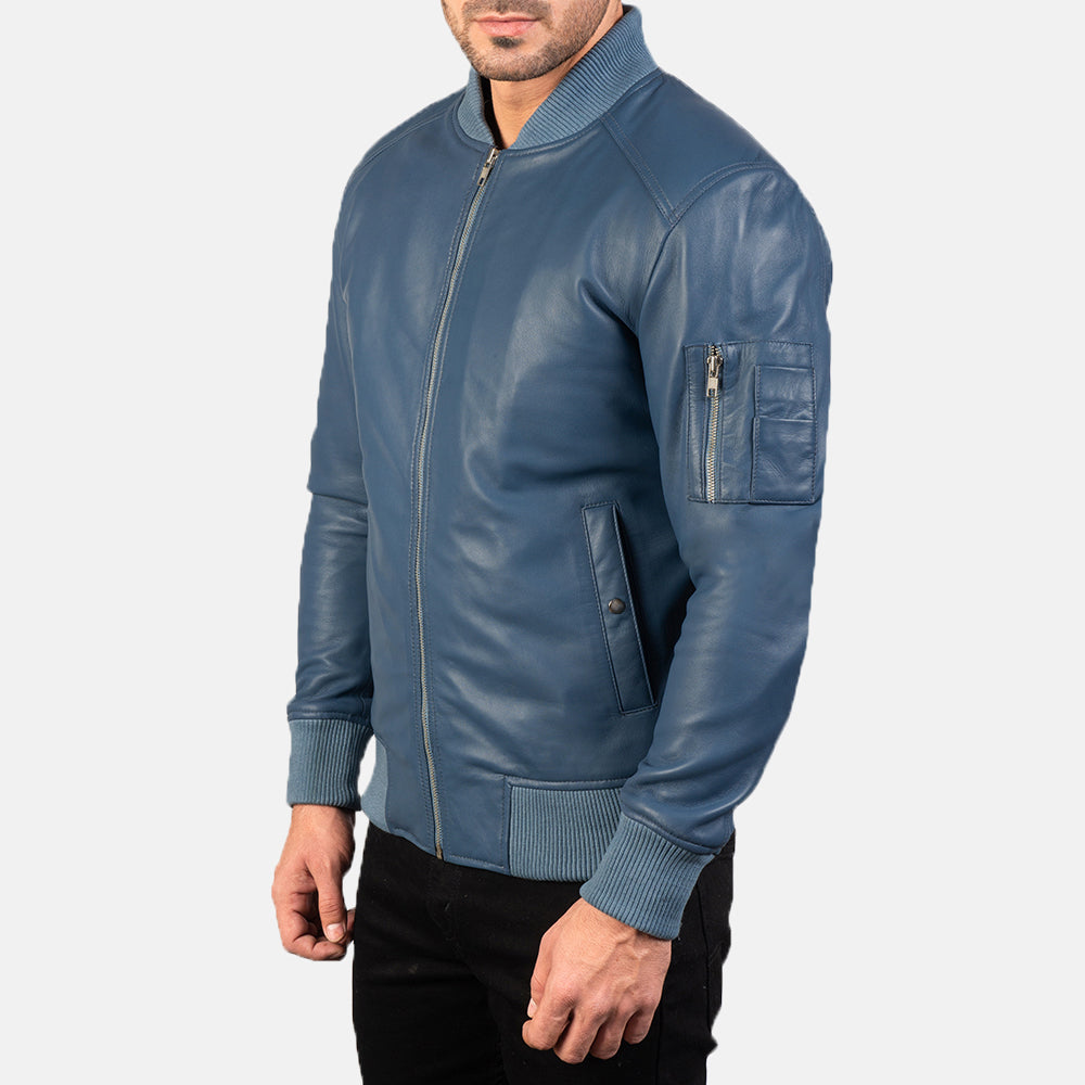 Men's Bomia Ma-1 Blue Leather Bomber Jacket