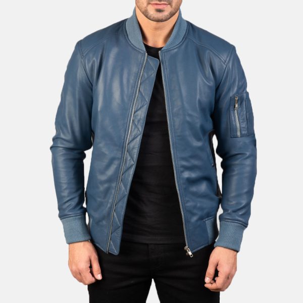 Men's Bomia Ma-1 Blue Leather Bomber Jacket
