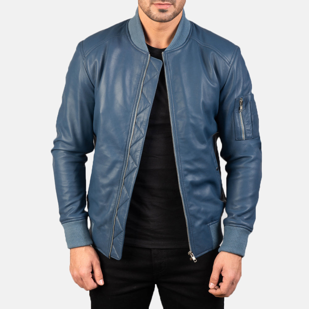 Men's Bomia Ma-1 Blue Leather Bomber Jacket