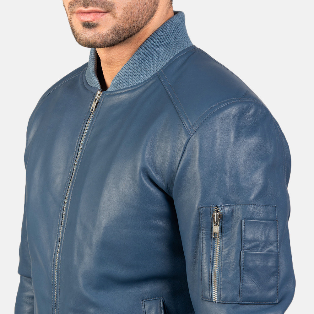 Men's Bomia Ma-1 Blue Leather Bomber Jacket