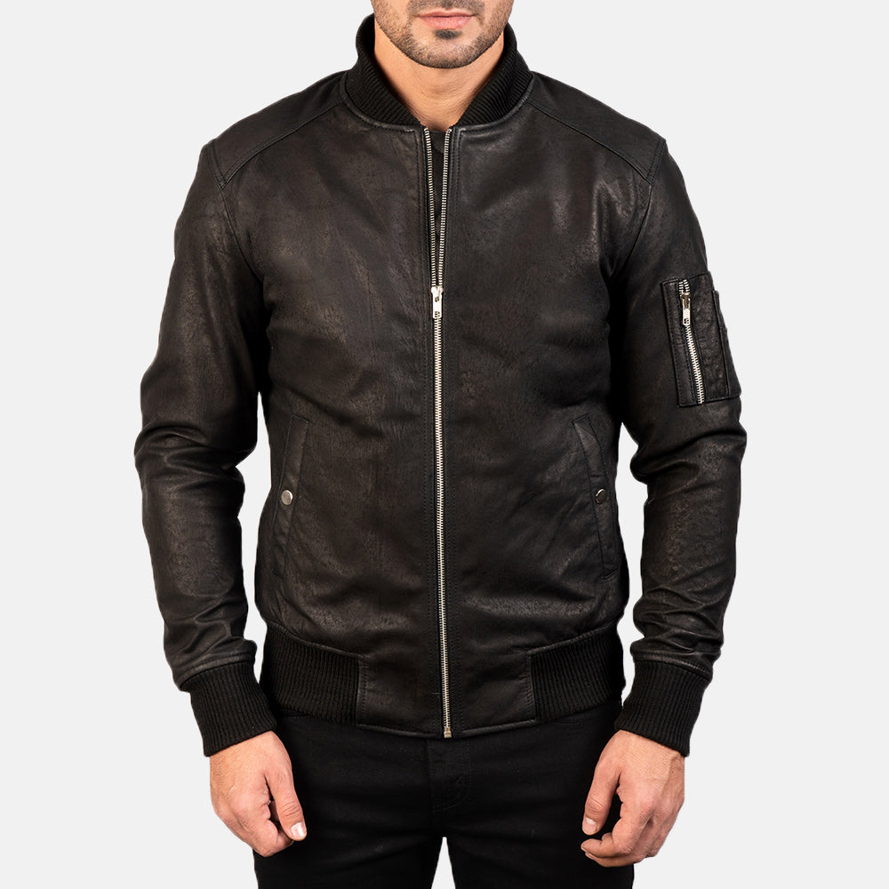 Men's Bomia Ma-1 Distressed Black Leather Bomber Jacket