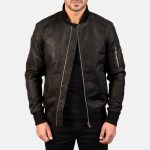 Men's Bomia Ma-1 Distressed Black Leather Bomber Jacket
