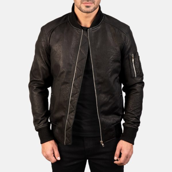 Men's Bomia Ma-1 Distressed Black Leather Bomber Jacket