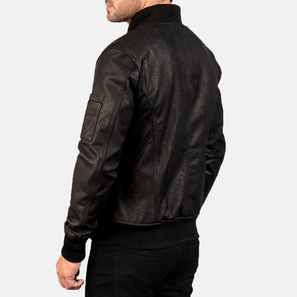 Men's Bomia Ma-1 Distressed Black Leather Bomber Jacket