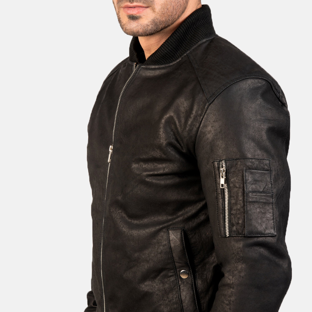 Men's Bomia Ma-1 Distressed Black Leather Bomber Jacket
