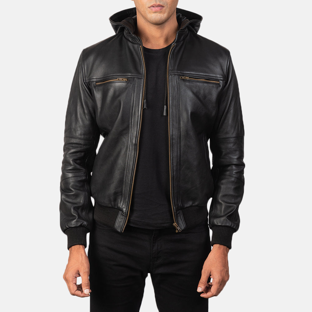Men's Bouncer Biz Black Leather Bomber Jacket