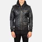 Men's Bravado Black Hooded Leather Bomber Jacket