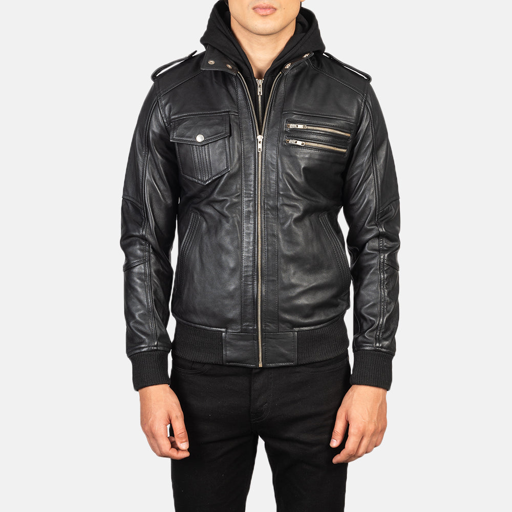 Men's Bravado Black Hooded Leather Bomber Jacket