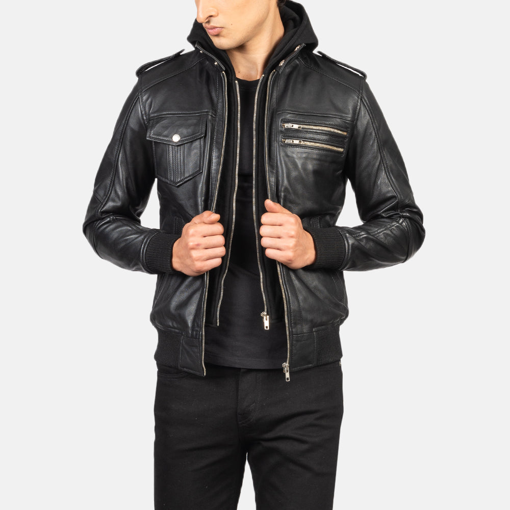 Men's Bravado Black Hooded Leather Bomber Jacket