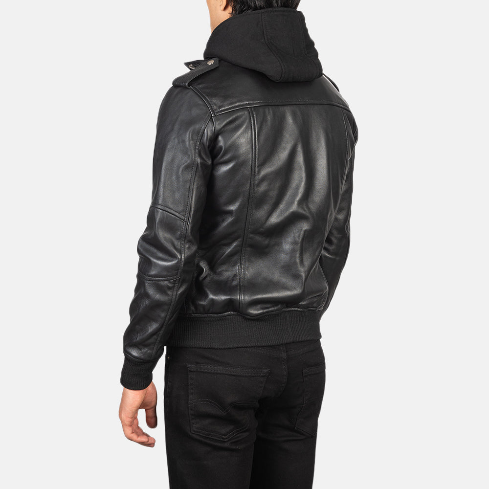 Men's Bravado Black Hooded Leather Bomber Jacket
