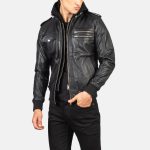 Men's Bravado Black Hooded Leather Bomber Jacket