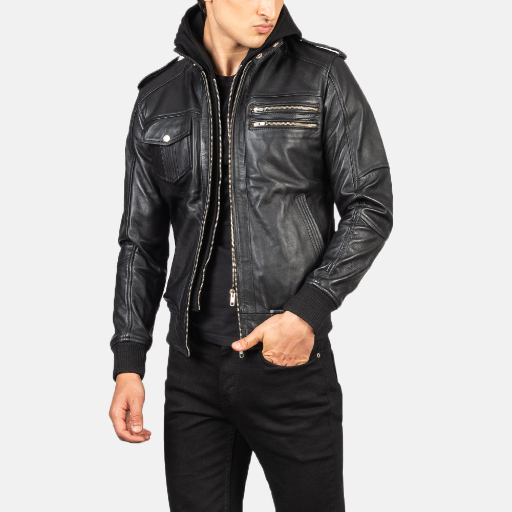 Men's Bravado Black Hooded Leather Bomber Jacket