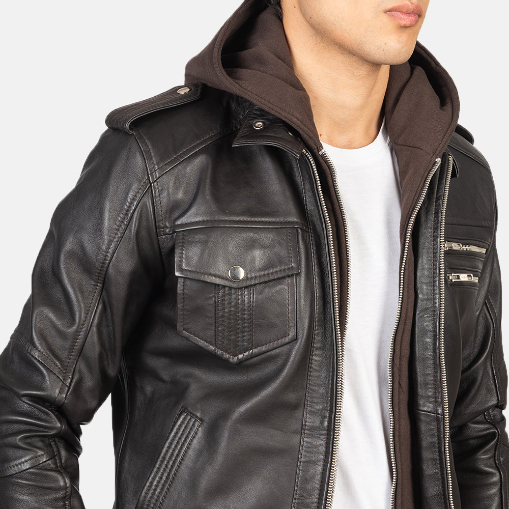 Men's Bravado Brown Hooded Leather Bomber Jacket