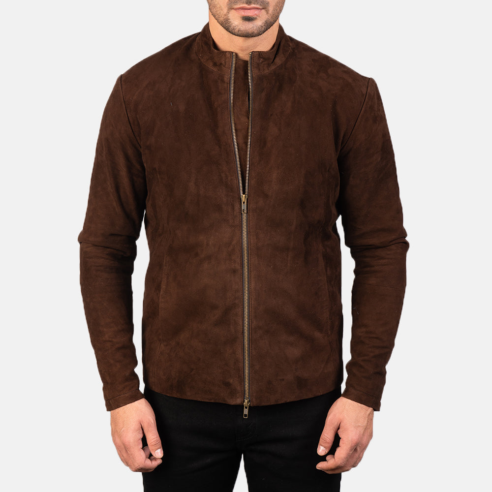 Men's Charcoal Mocha Suede Leather Biker Jacket