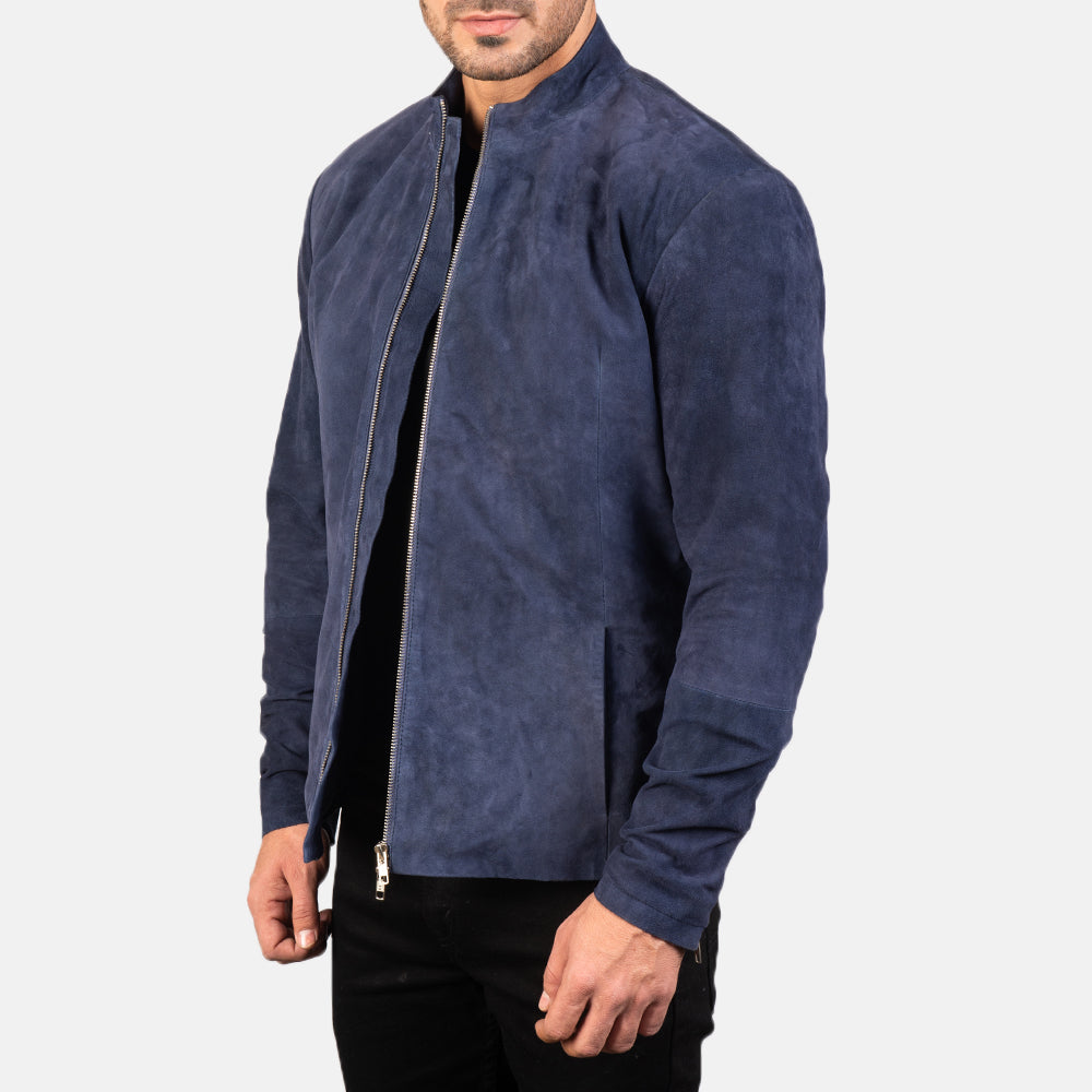 Men's Charcoal Navy Blue Suede Leather Biker Jacket