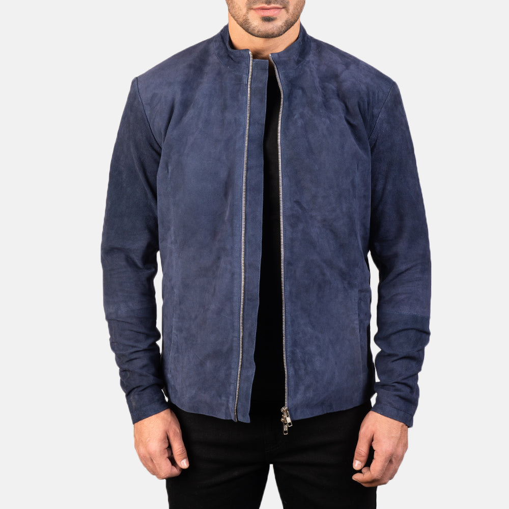Men's Charcoal Navy Blue Suede Leather Biker Jacket