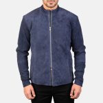 Men's Charcoal Navy Blue Suede Leather Biker Jacket