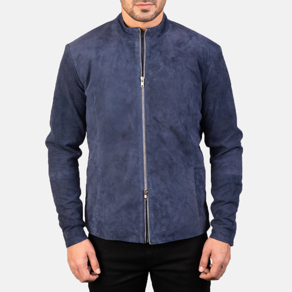 Men's Charcoal Navy Blue Suede Leather Biker Jacket