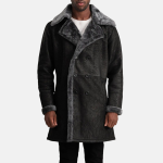 Men's Charles Black Snuffed Leather Shearling Double-Breasted Coat