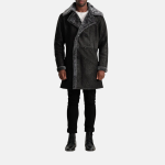 Men's Charles Black Snuffed Leather Shearling Double-Breasted Coat