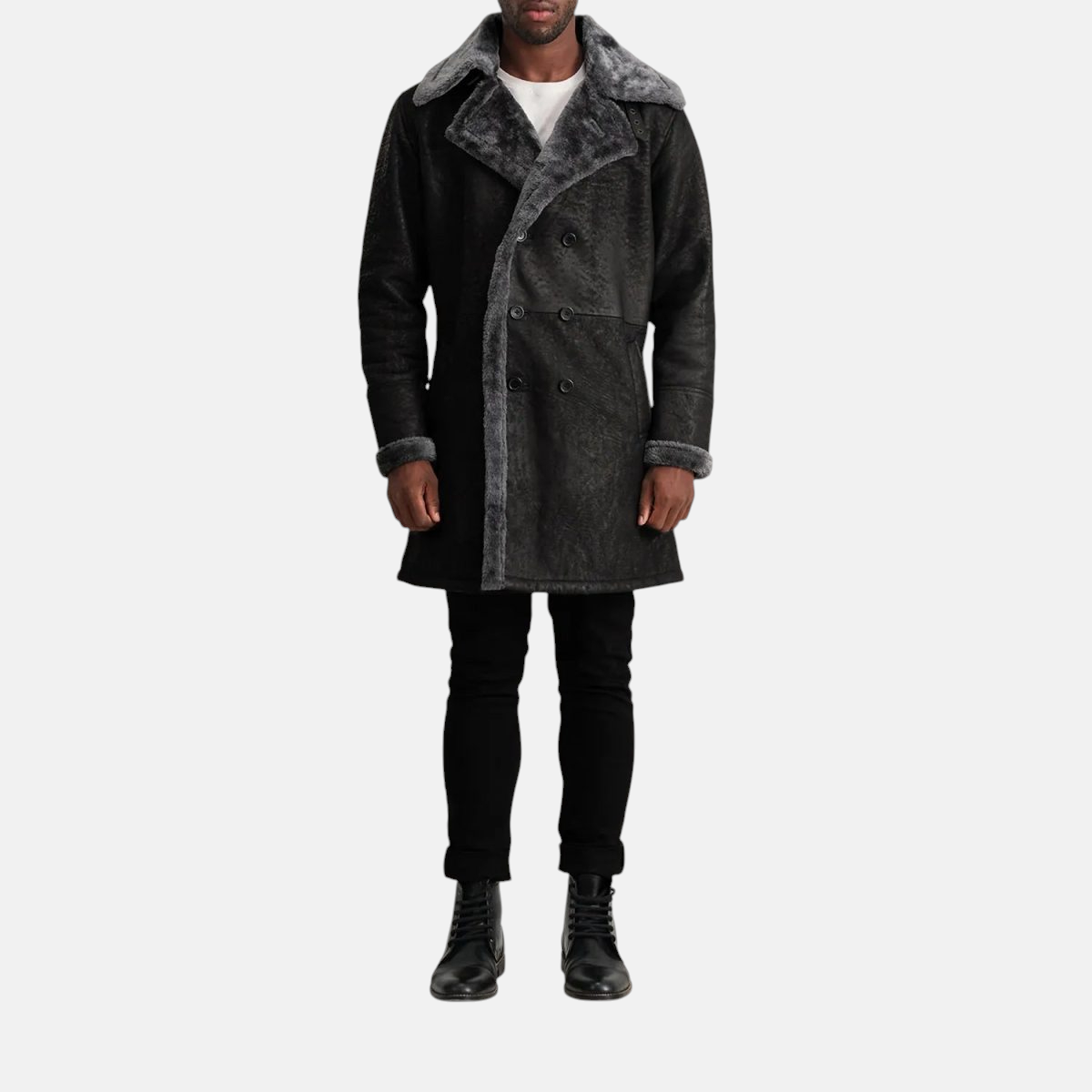 Men's Charles Black Snuffed Leather Shearling Double-Breasted Coat