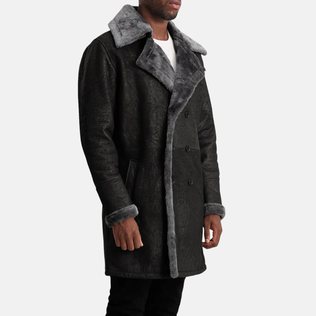 Men's Charles Black Snuffed Leather Shearling Double-Breasted Coat
