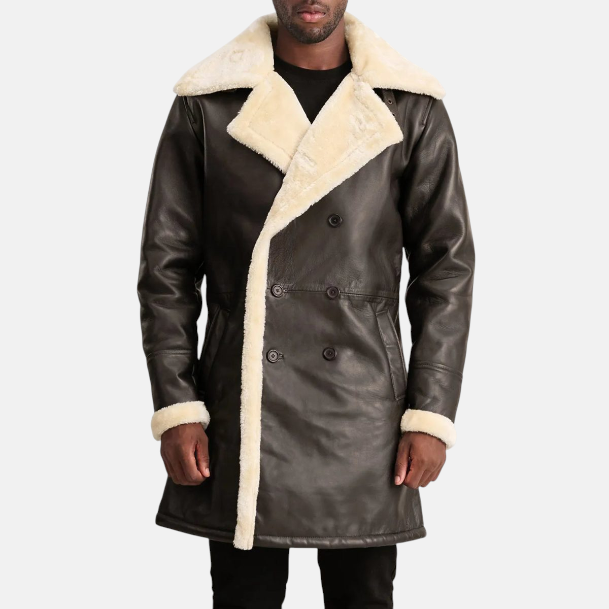 Men's Charles Brown Leather Shearling Double-Breasted Coat
