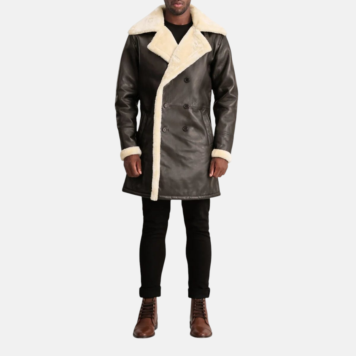 Men's Charles Brown Leather Shearling Double-Breasted Coat