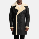 Men's Charles Tumbled Black Leather Shearling Double-Breasted Coat