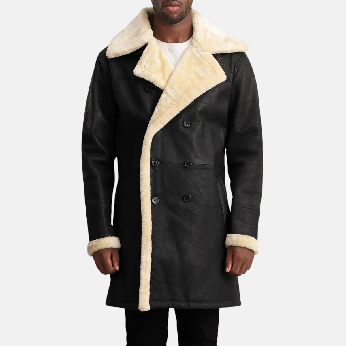 Men's Charles Tumbled Black Leather Shearling Double-Breasted Coat