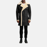 Men's Charles Tumbled Black Leather Shearling Double-Breasted Coat