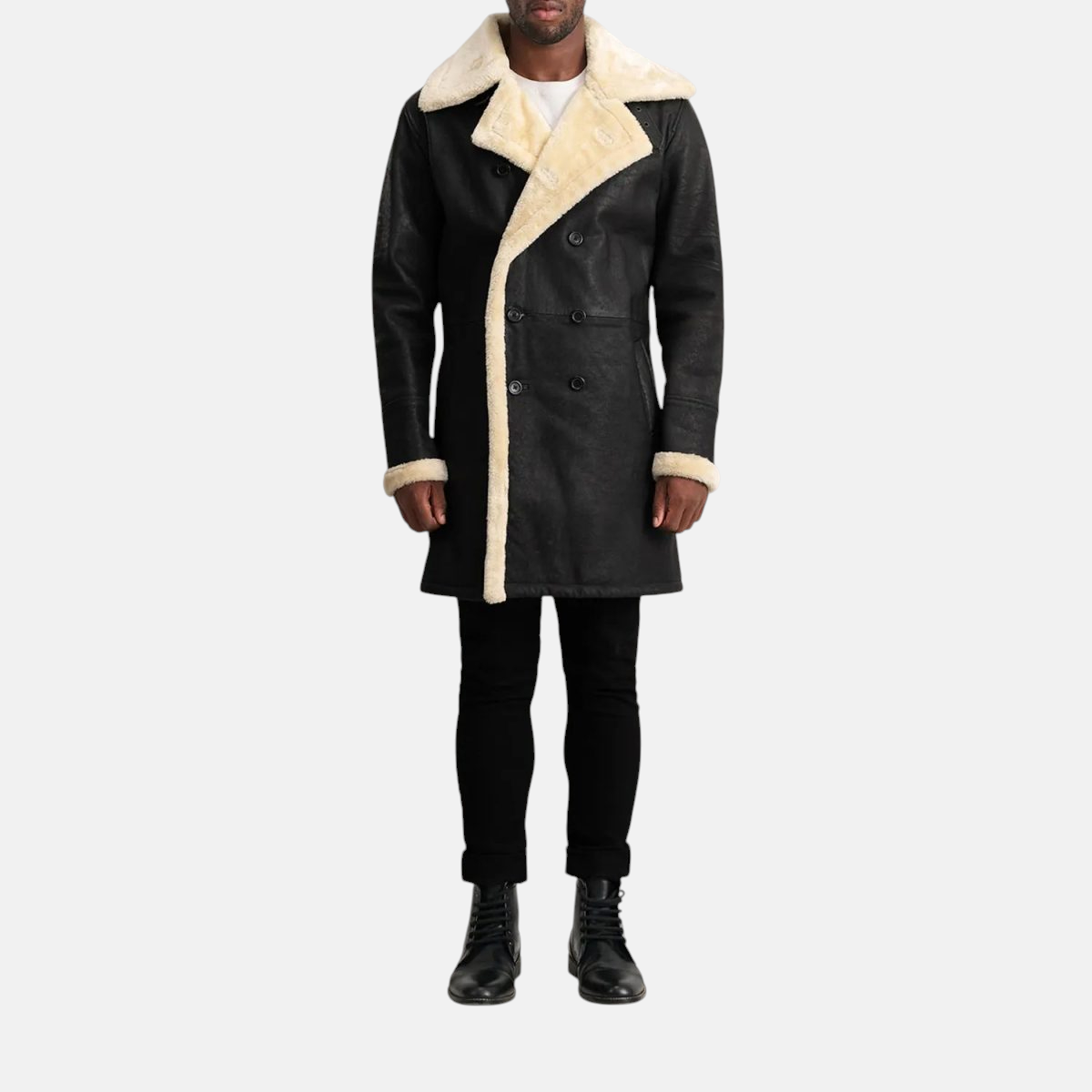 Men's Charles Tumbled Black Leather Shearling Double-Breasted Coat