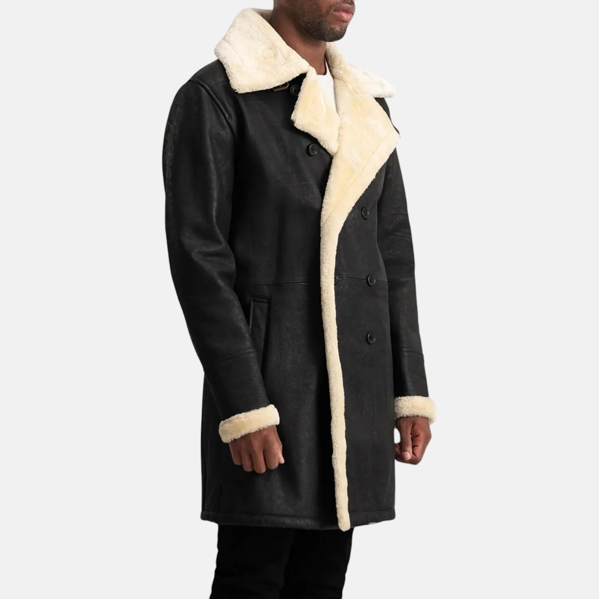 Men's Charles Tumbled Black Leather Shearling Double-Breasted Coat